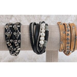Boho Leather Wrap Bracelet Rhinestone Stud Multi Strand Black Statement...